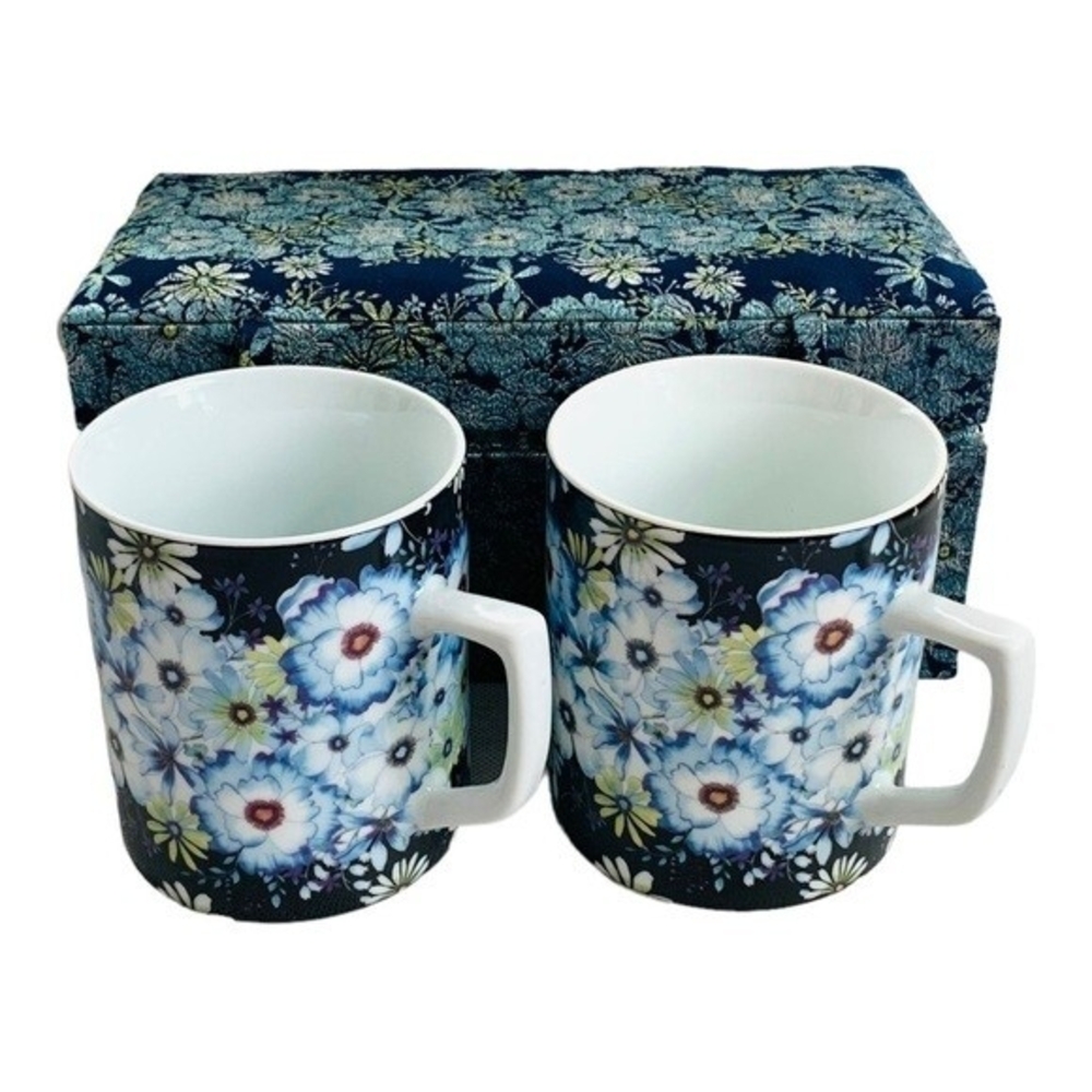 Barnes & Noble Floral Ceramic Mug Set of 2 Blue Multicolor Boxed Gift New - Picture 3 of 6